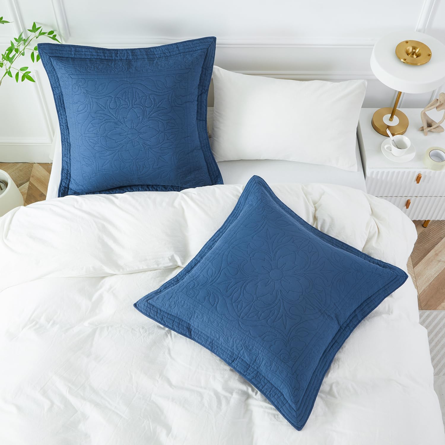 WINLIFE 100% Cotton Quilted Euro Sham Covers, 2 Pack Cotton 26'' x 26'' Pillow Covers, Soft and Breathable Euro Shams, Square Pillow Shams, Navy Blue