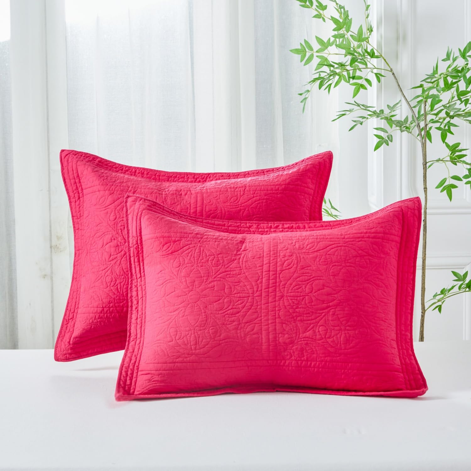 WINLIFE 100% Cotton Quilted Pillow Sham Floral Printed Pillow Cover (Standard, Dusty Pink)
