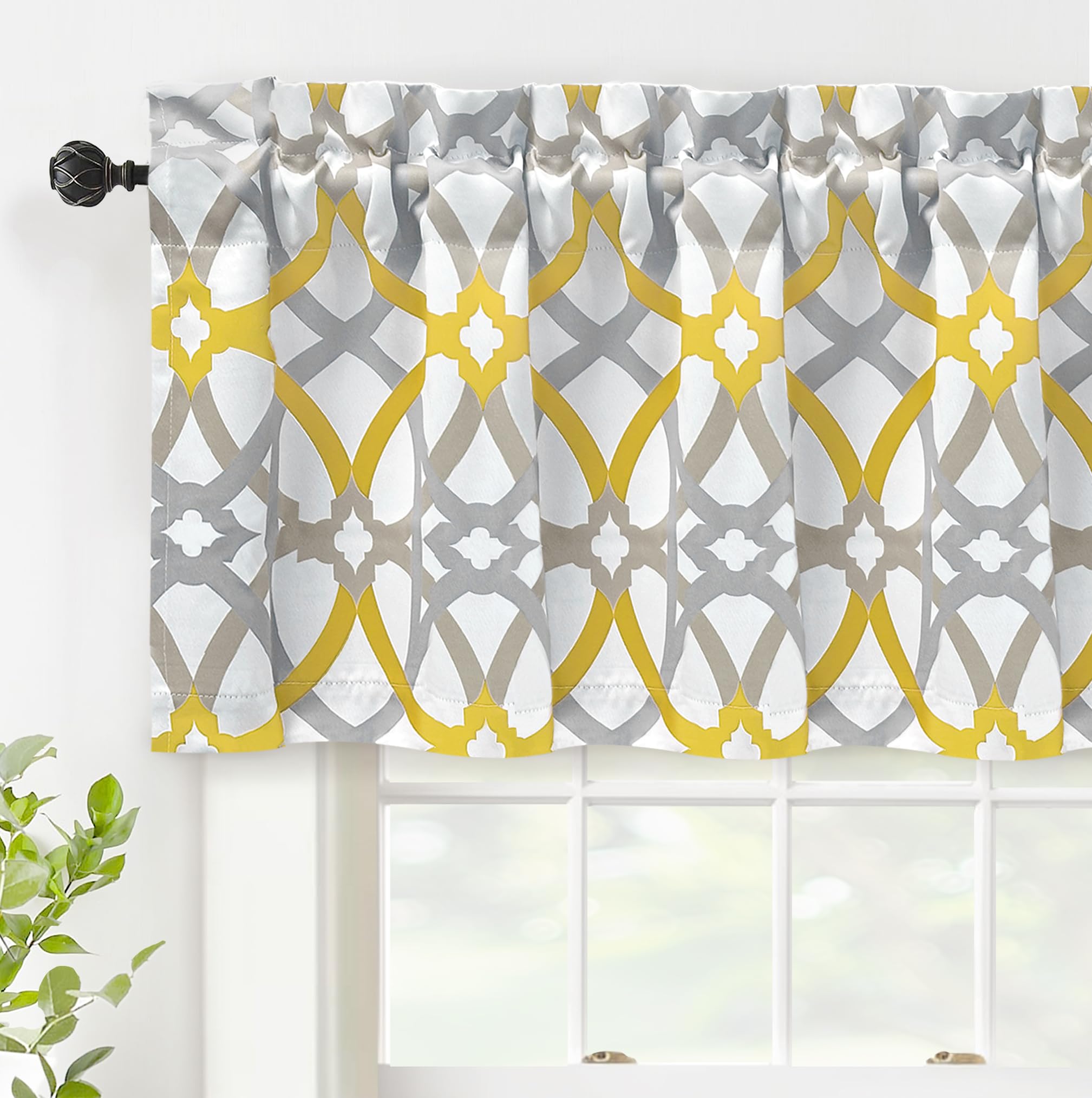 DriftAway Alexander Blackout Valances for Windows Thermal Insulated Kitchen Topper Geometric Moroccan Mid Century Pattern Match Thick Bathroom Curtain Valance Rod Pocket 52 Inch by 18 Inch Yellow/Gray