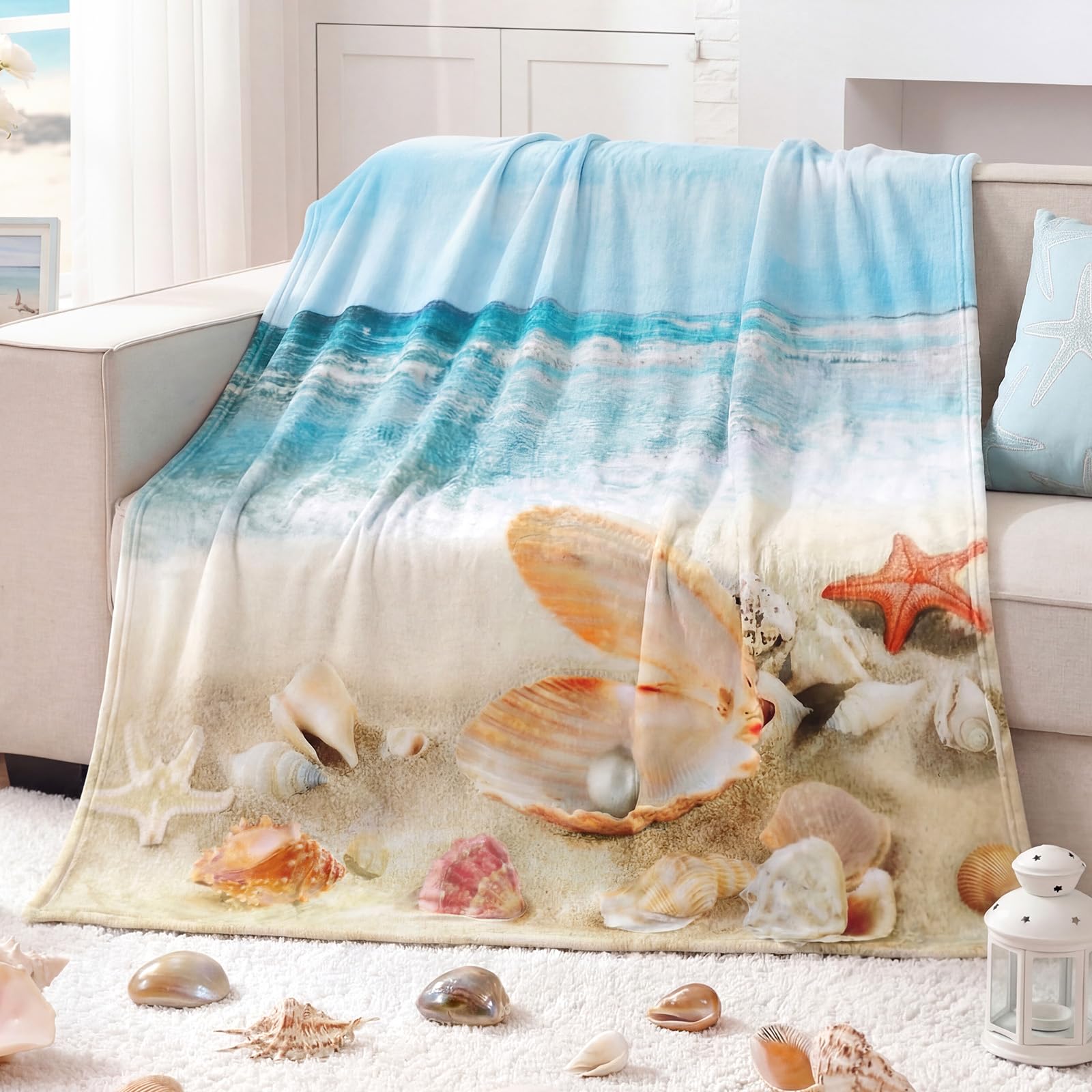 Breling Coastal Ocean Beach Throw Flannel Blanket Blue Seashells Cozy Fuzzy Warm Sea Ocean Throw Blanket Nautical Gift for Couch Sofa Bed Home Decor 60"x50"