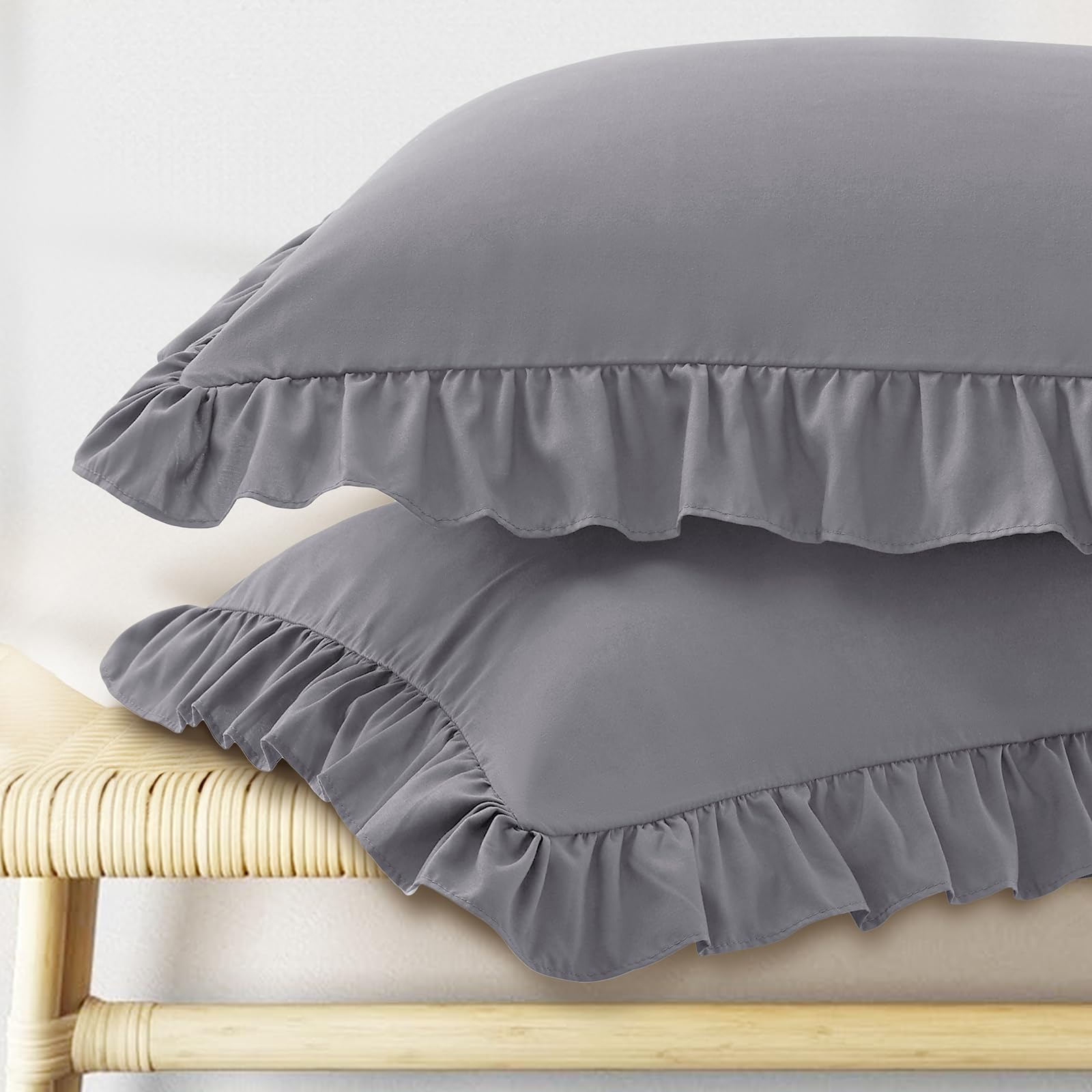 KKJIAF Ruffle Pillow Cases Standard Size Set of 2, Ruffled Pillow Covers with Envelope Closure, Wrinkle Resistant Pillowcases 20" x 26", Ruffled Pillow Shams, Olive Green