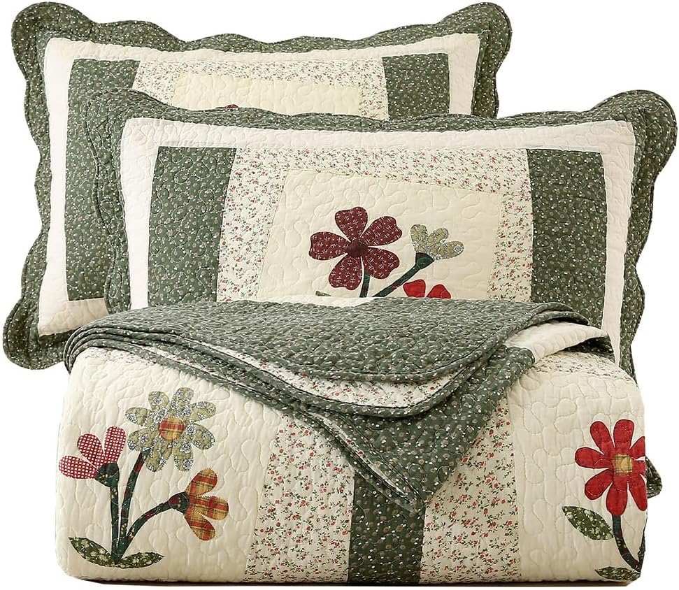 vctops Farmhouse Green 3 Piece Embroidered Floral Quilted Bedspread Quilt Set 100% Cotton Reversible Patchwork Coverlet Set 1 Quilt and 2 Pillow Shams (Green,Queen)
