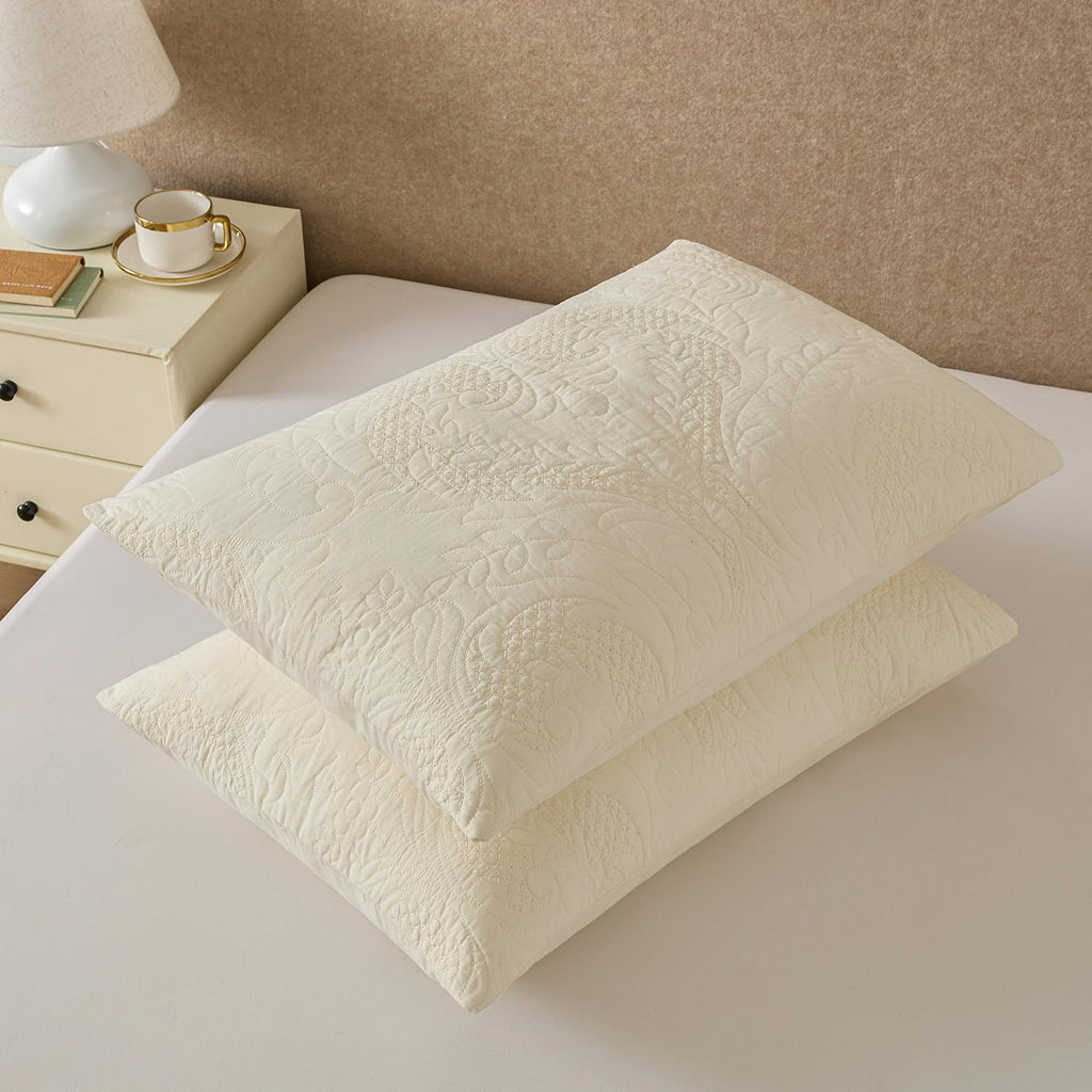 Quilted Pillow Sham Ivory Damask Standard Set of 2 Embroidered Floral Pillowcases Embossed Textured Cotton Vintage Pattern Cream 20×26