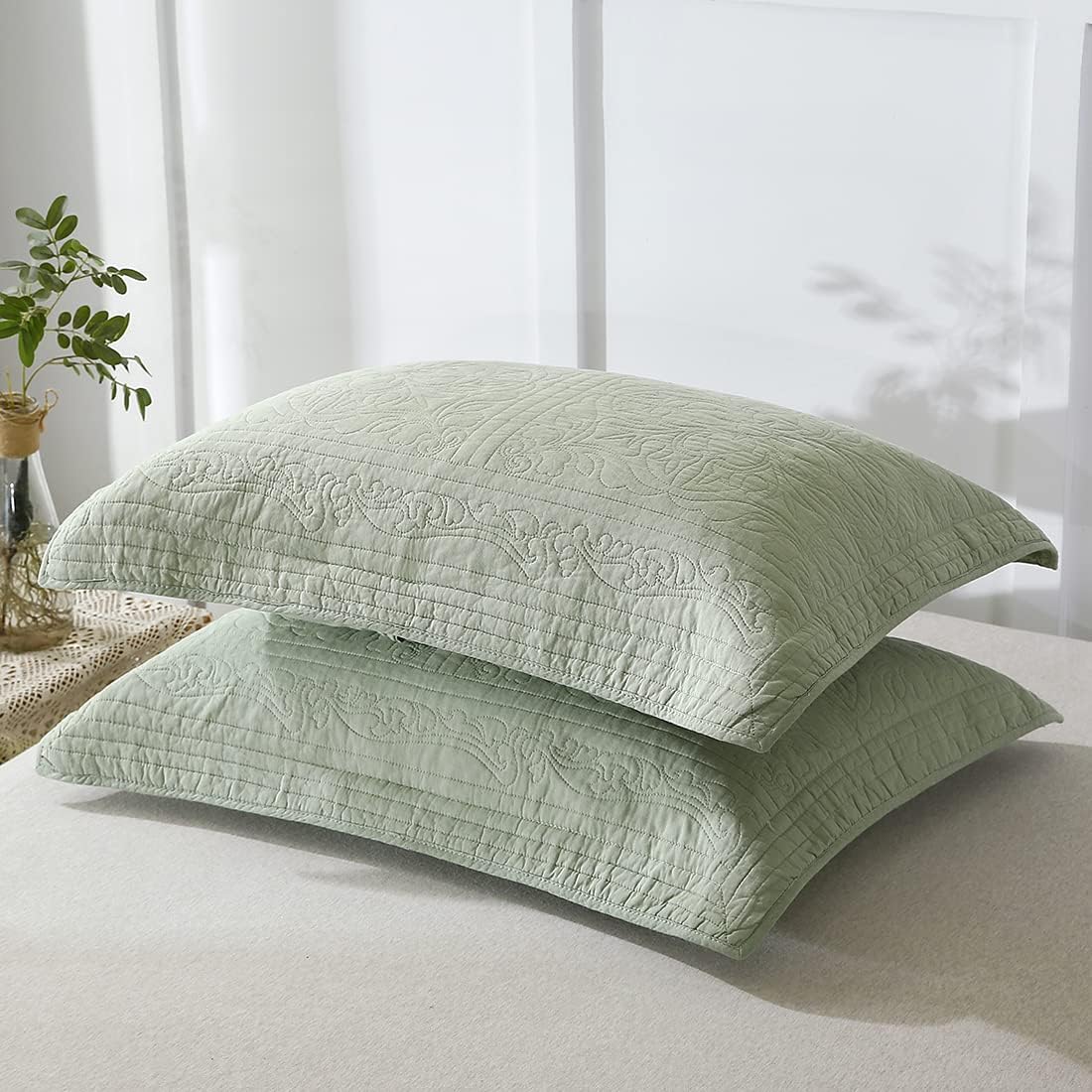 WINLIFE 100% Cotton Quilted Pillow Sham Floral Printed Pillow Cover Sage Green, Standard Size, 20 x 26 Inch