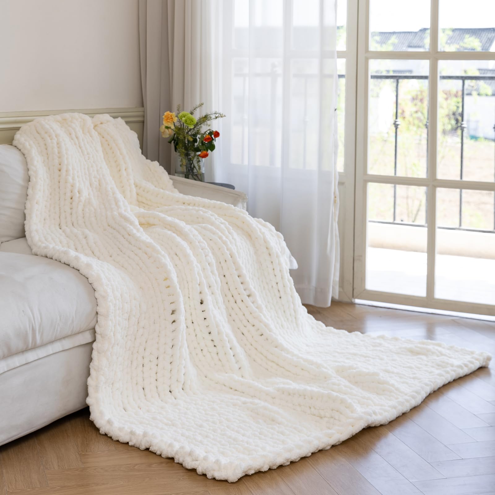 Chunky Knit Blanket - Luxury Soft Cozy 50 * 60 Throw Blanket,100% Woven Blanket Rope Knot Throw Blanket for Couch, Sofa, Home Decor, Gift - Machine Washable (Cream, 50 * 60)