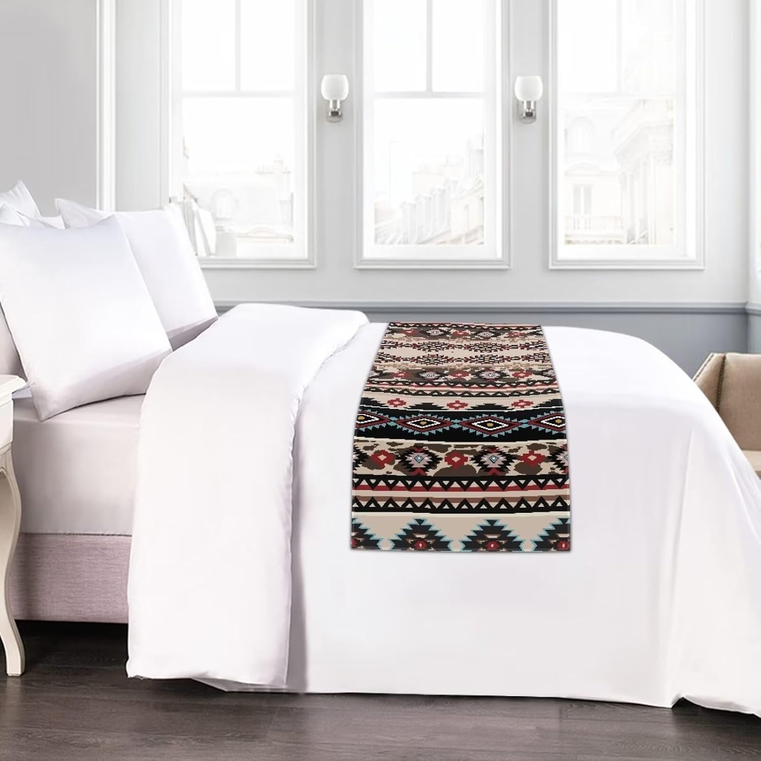 Dreaweet Southwestern Pattern Bed Runner,Aztec Tribal Geometry Pattern Brown Bed Scarf for Foot of Bed Queen Size,Decorative Accent Bedding Scarf for Hotels Homes and Guestrooms