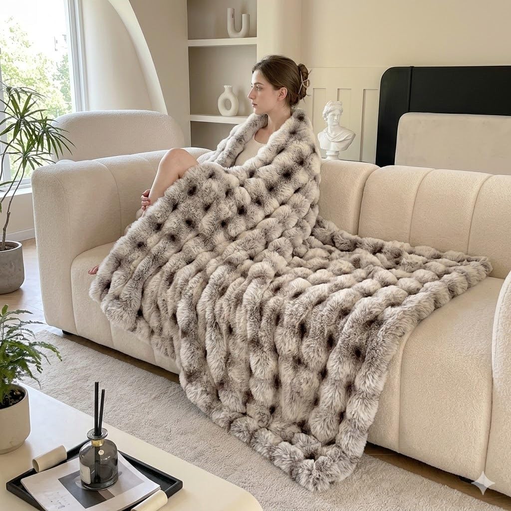 Cow Print Faux Fur Throw Blanket for Couch – 1000GSM Soft & Fluffy Cow Blanket for Bed, Sofa & Living Room, Warm Cozy Cow Gift for Women, 50x60 Inches Black to White Ombre with Brown Undertones