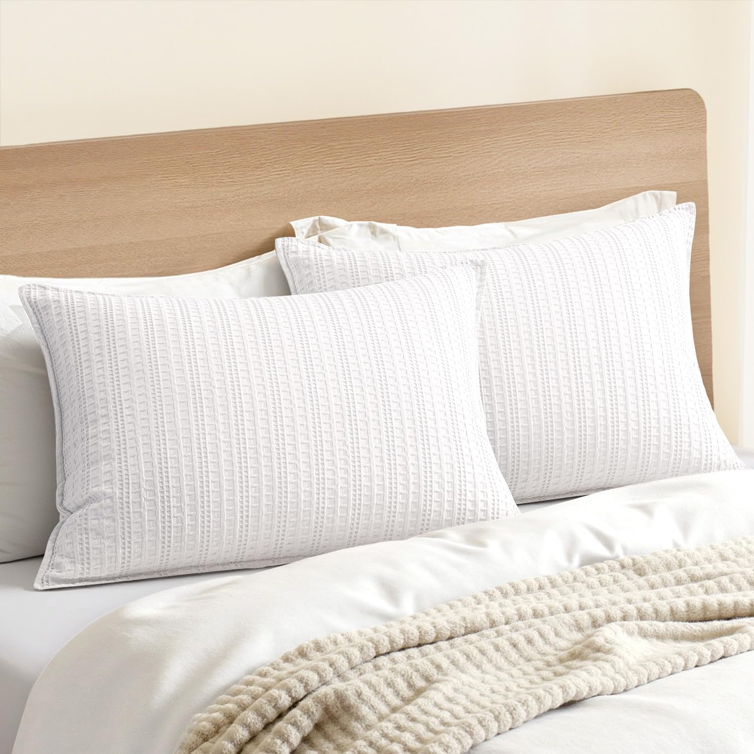 100% Cotton Waffle Pillow Shams Standard Size, 2 Pack 20x26 Decorative Pillow Covers for Bed Couch Sofa, Neutral Weave Cushion Cases Modern Farmhouse Home Decor, Oatmeal