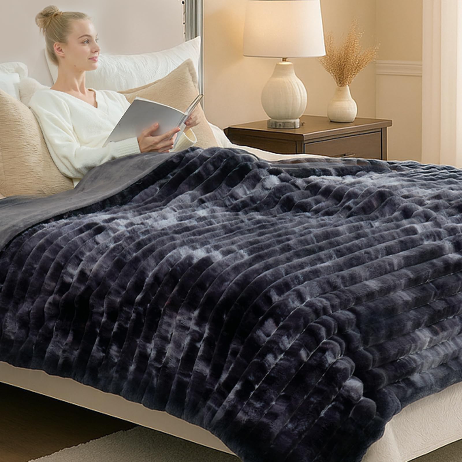 Cozy Bliss Faux Fur Throw Blanket for Couch, Cozy Warm Plush Striped Blanket for Sofa Bedroom Living Room, 50 * 60 Inches Hot Pink