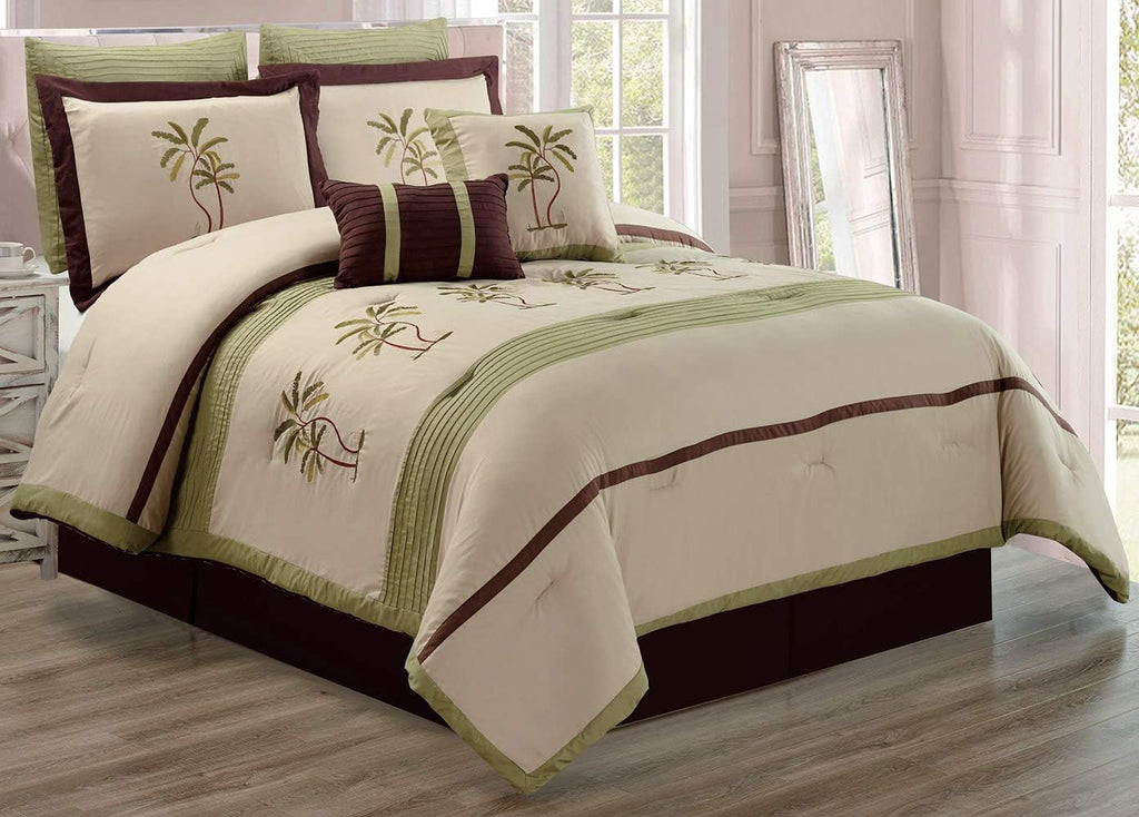 Grand Linen - 8 Piece Oversize Sage Green/Beige/Brown Tropical Palm Tree Embroidered Luxury Comforter Set Full Size Bedding