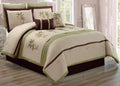 Grand Linen - 8 Piece Oversize Sage Green/Beige/Brown Tropical Palm Tree Embroidered Luxury Comforter Set Full Size Bedding