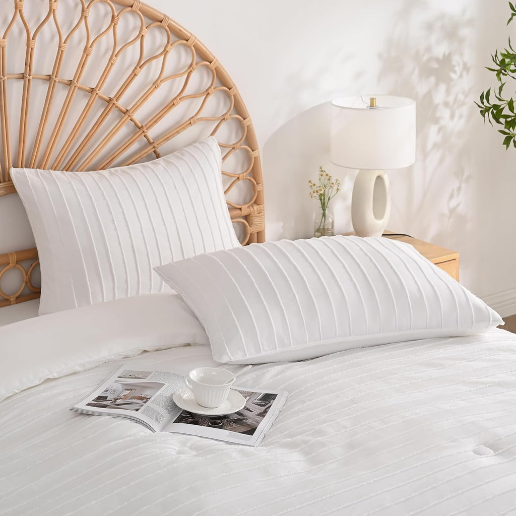 JELLYMONI 2 Pack White Pillowcases Standard Size, Soft Microfiber Striped Tufted Pillow Covers with Envelope Closure (Pillows are not Included)