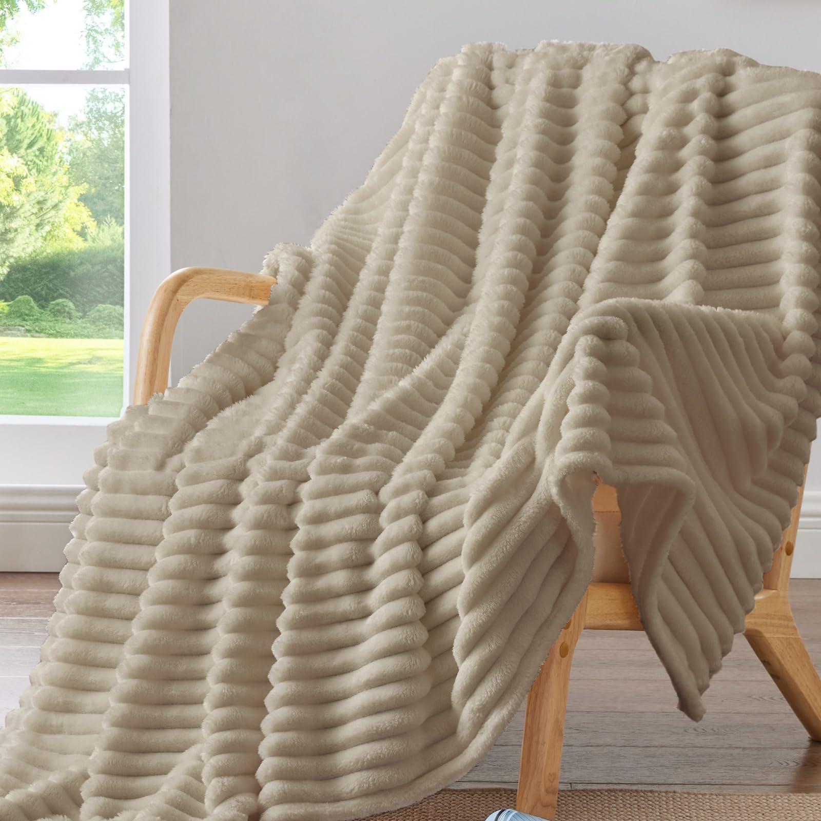 BEDELITE Fleece Throw Blanket for Couch - 300GSM Soft & Warm Fluffy Cream White Blanket, Decorative and Giftable Striped Blankets for Women, Men, 50"x60"