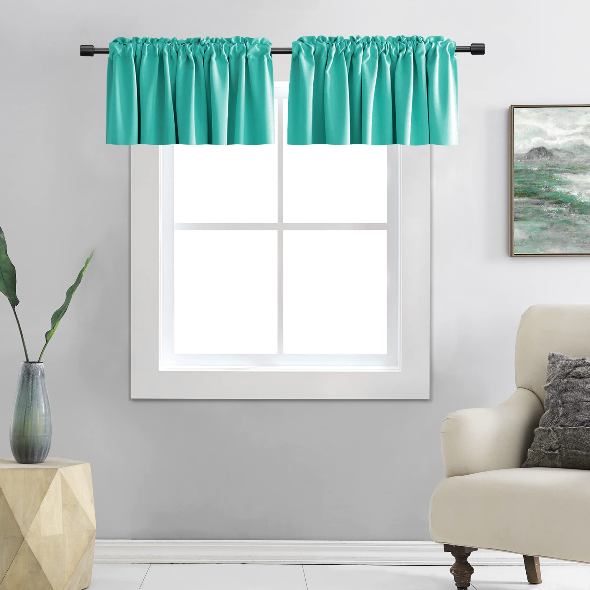 DONREN Teal Valances for Windows - Kitchen Valances for Small Window with Rod Pocket (2 Panels,42 by 18 Inch)