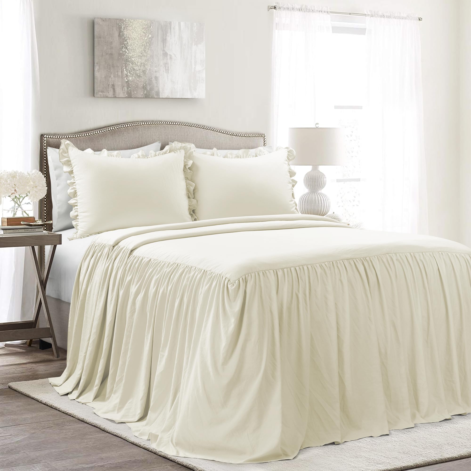 Lush Decor Ruffle Skirt Bedspread Set - 3-Piece Luxurious Farmhouse Bedding - Elegant Ruffle Detail - Timeless Style - Soft Lightweight Sheets - Queen, Sea Salt