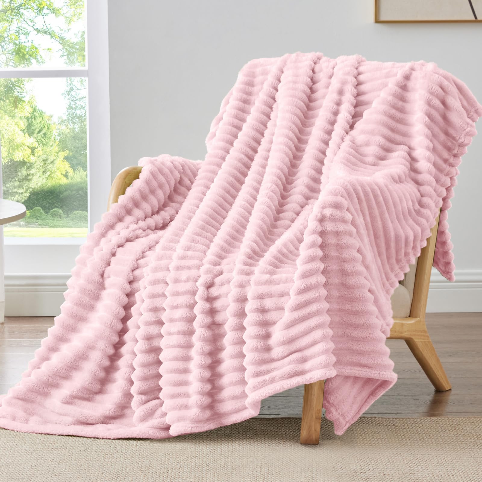 BEDELITE Fleece Throw Blanket for Couch - 300GSM Soft & Warm Fluffy Cream White Blanket, Decorative and Giftable Striped Blankets for Women, Men, 50"x60"