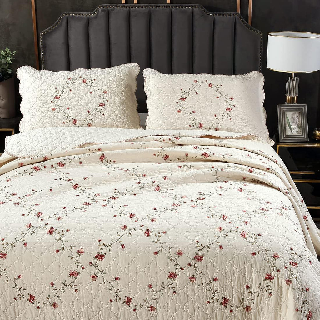 vctops 2-Piece Elegant Floral Embroidered Pillow Shams Queen Size 100% Cotton Quilted Decorative Pillow Shams Set (Cream,20"x28")