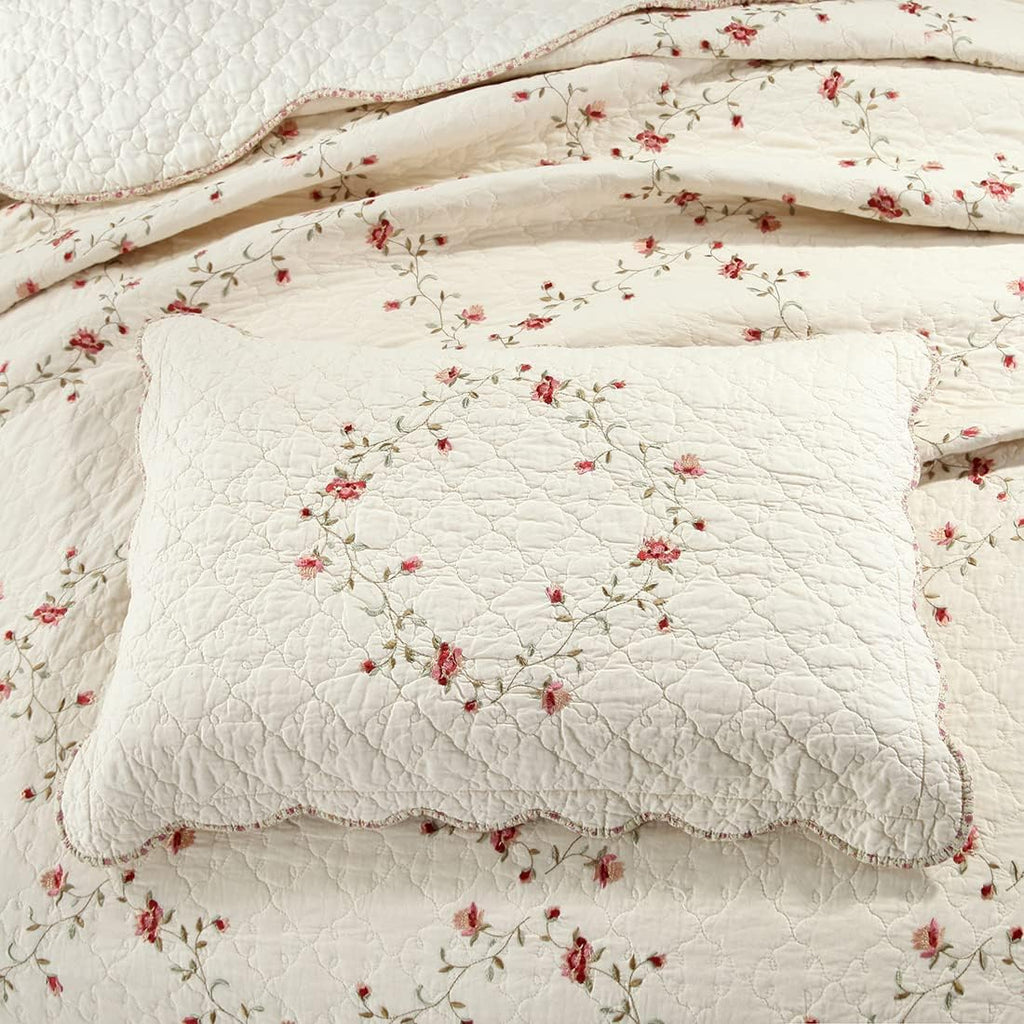 vctops 2-Piece Elegant Floral Embroidered Pillow Shams Queen Size 100% Cotton Quilted Decorative Pillow Shams Set (Cream,20"x28")