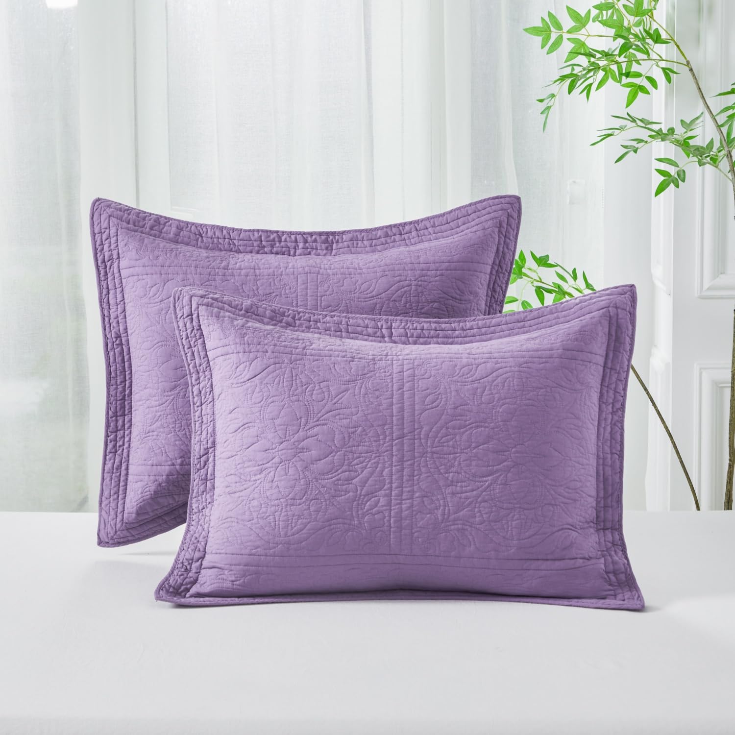 WINLIFE 100% Cotton Quilted Pillow Sham Floral Printed Pillow Cover (Standard, Dusty Pink)