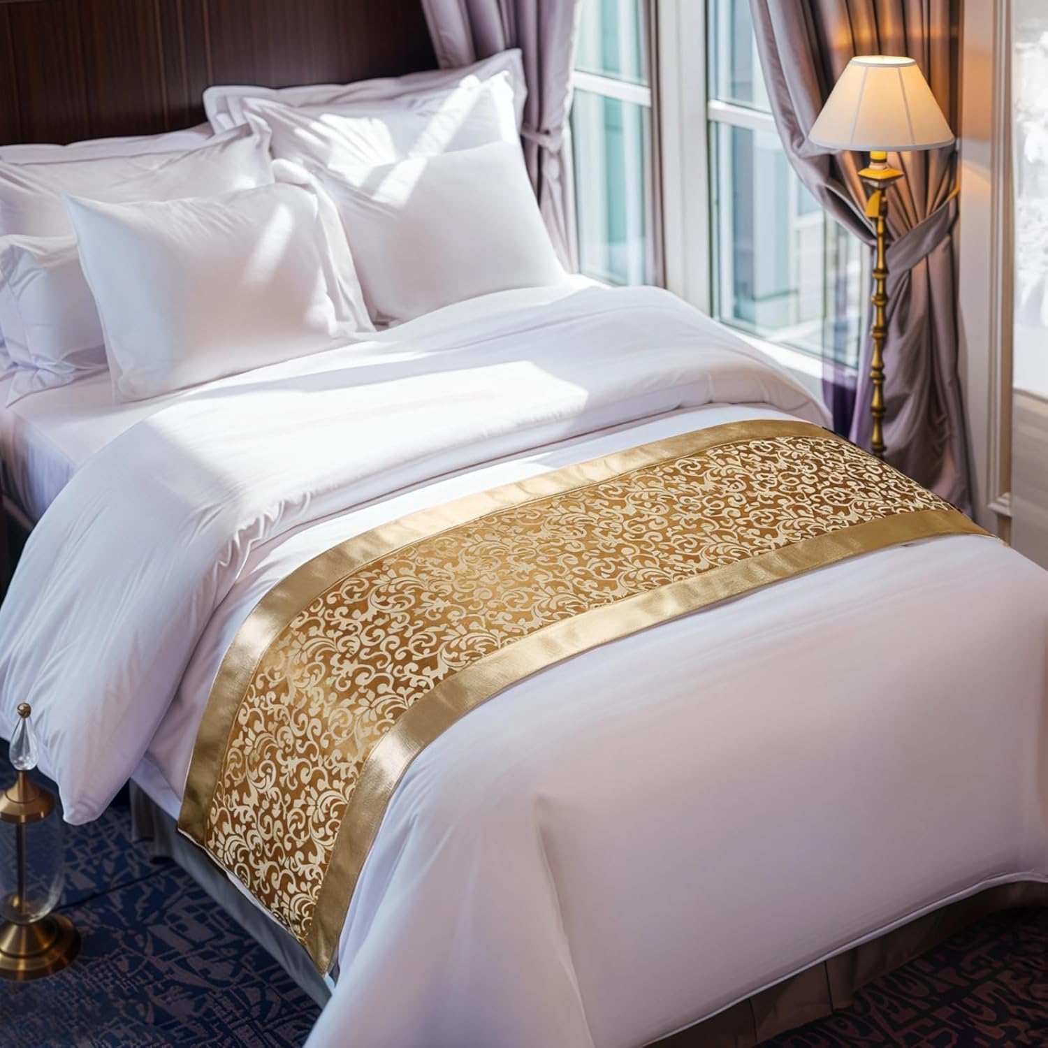 Queen Size Bed Runner, Gold Embroidered Polyester Scarf with Silk Feel, Reinforced Edges, Elegant Accent, 19.7 × 82.7