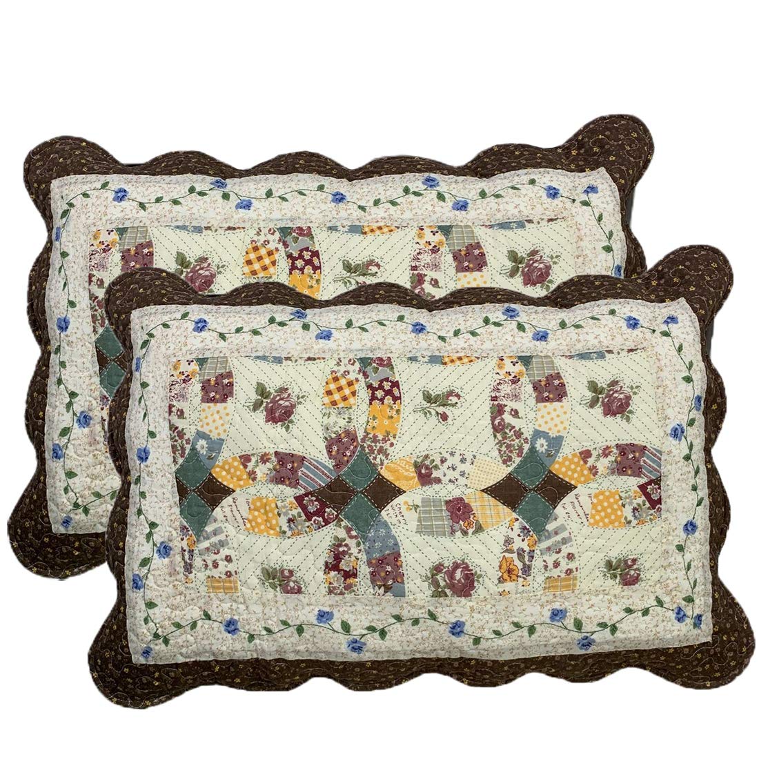 vctops 2-Piece Boho Cotton Quilted Bed Pillow Shams Floral Printed Patchwork Pillow Shams Set, Standard Size (510 Blue, 20"x28")