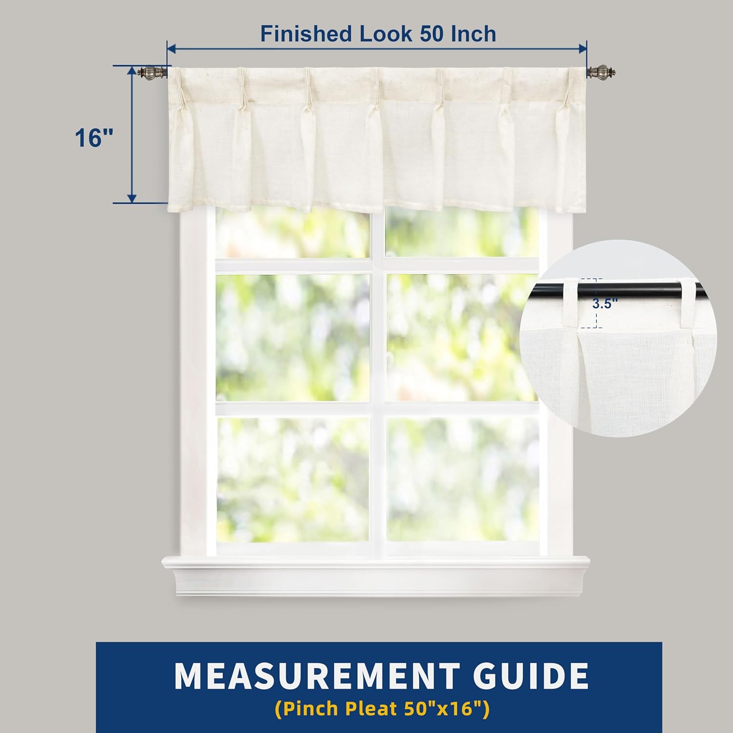 DriftAway Pinch Pleat Valance for Kitchen Window Linen Textured Valance for Living Room Farmhouse Semi Sheer Linen Curtain Valance Window Treatment Back Tabs 50 Inches by 16 Inches Light Linen