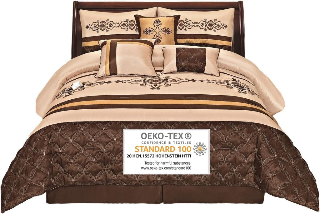 Jenin 7 Pieces Complete Bedding Ensemble Beige Brown Gold Luxury Embroidery Comforter Set Bed-in-a-Bag Bedding- Yasmen (Queen)