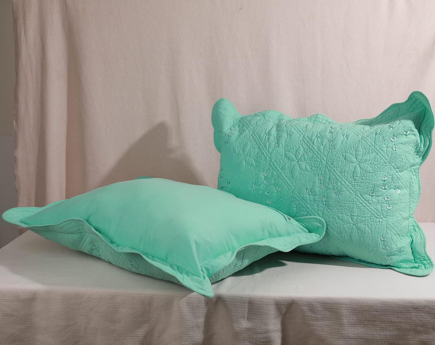 Solid Color 100% Cotton Quilted Pillow Shams Set of 2 Floral Embroidery Bed Pillow Shams Soft Pillow Covers Queen Size (Green A,20"x28")
