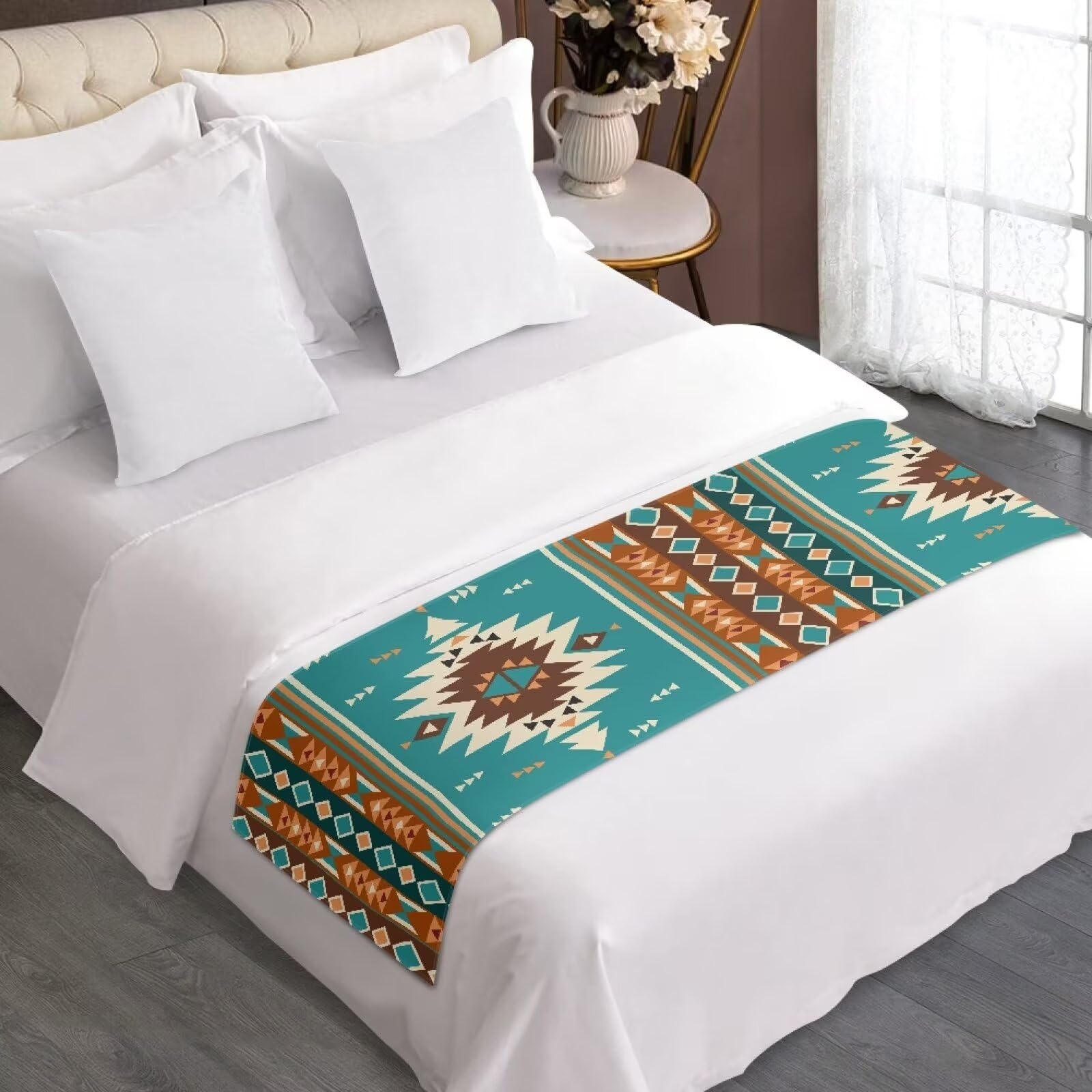 Dreaweet Southwestern Pattern Bed Runner,Aztec Tribal Geometry Pattern Brown Bed Scarf for Foot of Bed Queen Size,Decorative Accent Bedding Scarf for Hotels Homes and Guestrooms