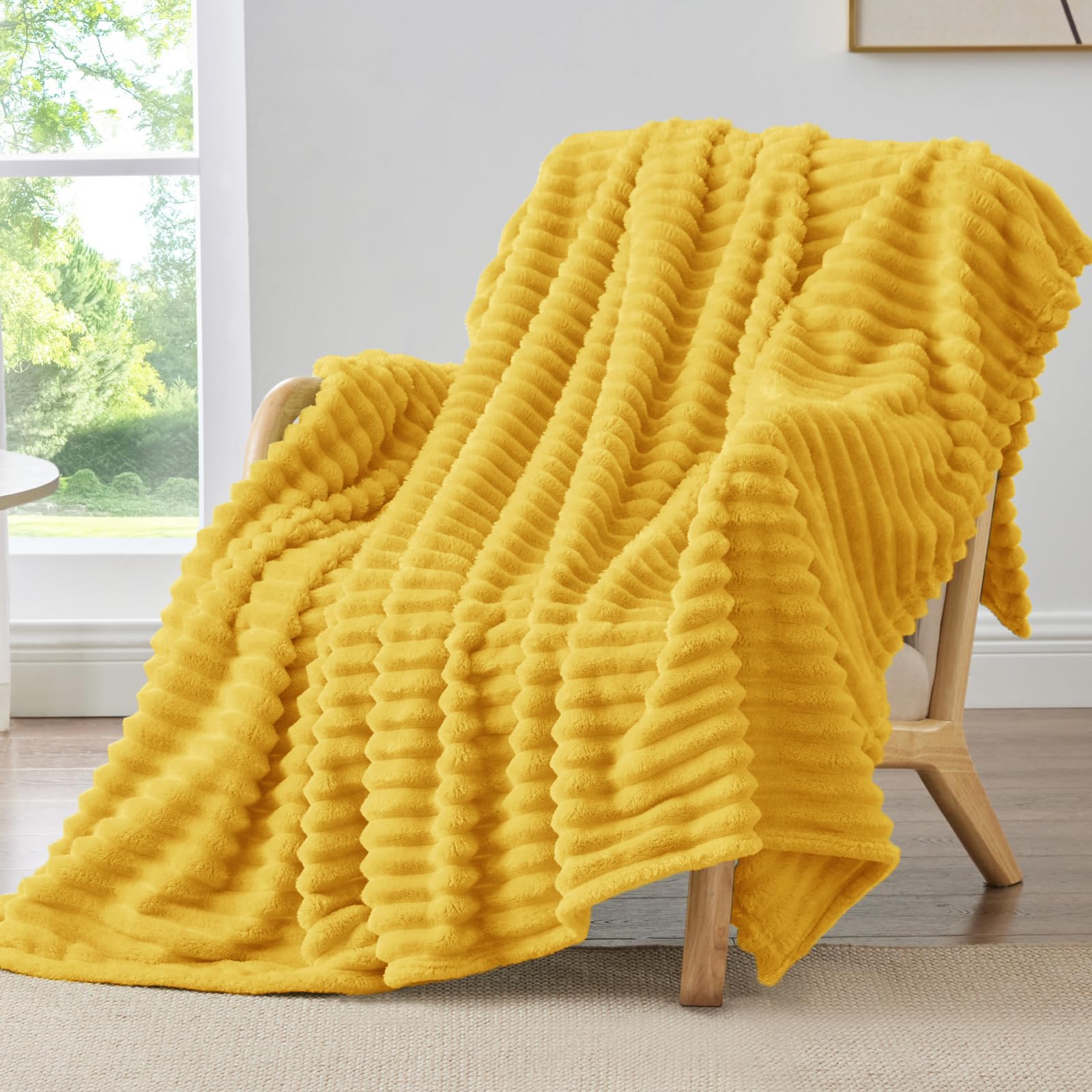 BEDELITE Fleece Throw Blanket for Couch - 300GSM Soft & Warm Fluffy Cream White Blanket, Decorative and Giftable Striped Blankets for Women, Men, 50"x60"