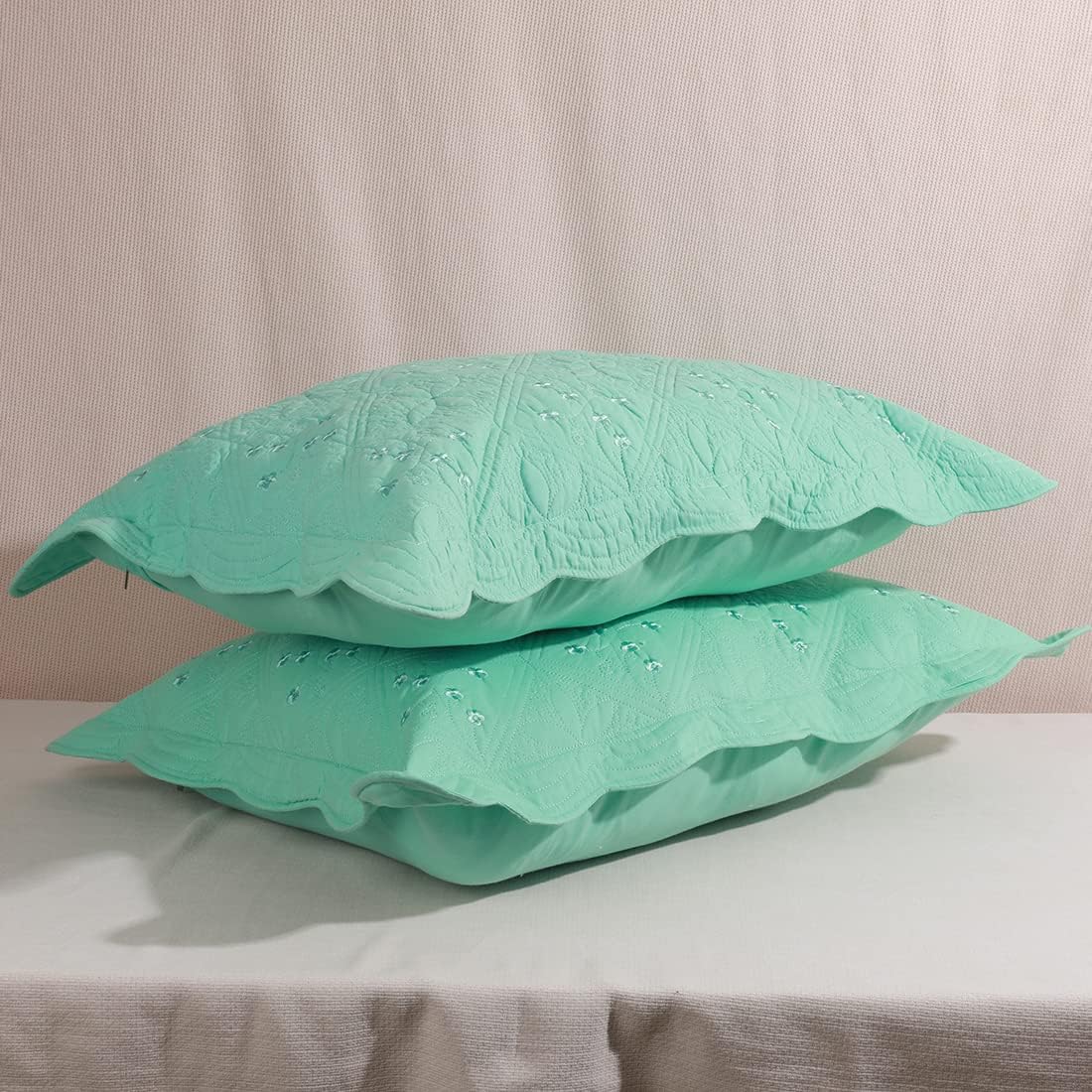 Solid Color 100% Cotton Quilted Pillow Shams Set of 2 Floral Embroidery Bed Pillow Shams Soft Pillow Covers Queen Size (Green A,20"x28")