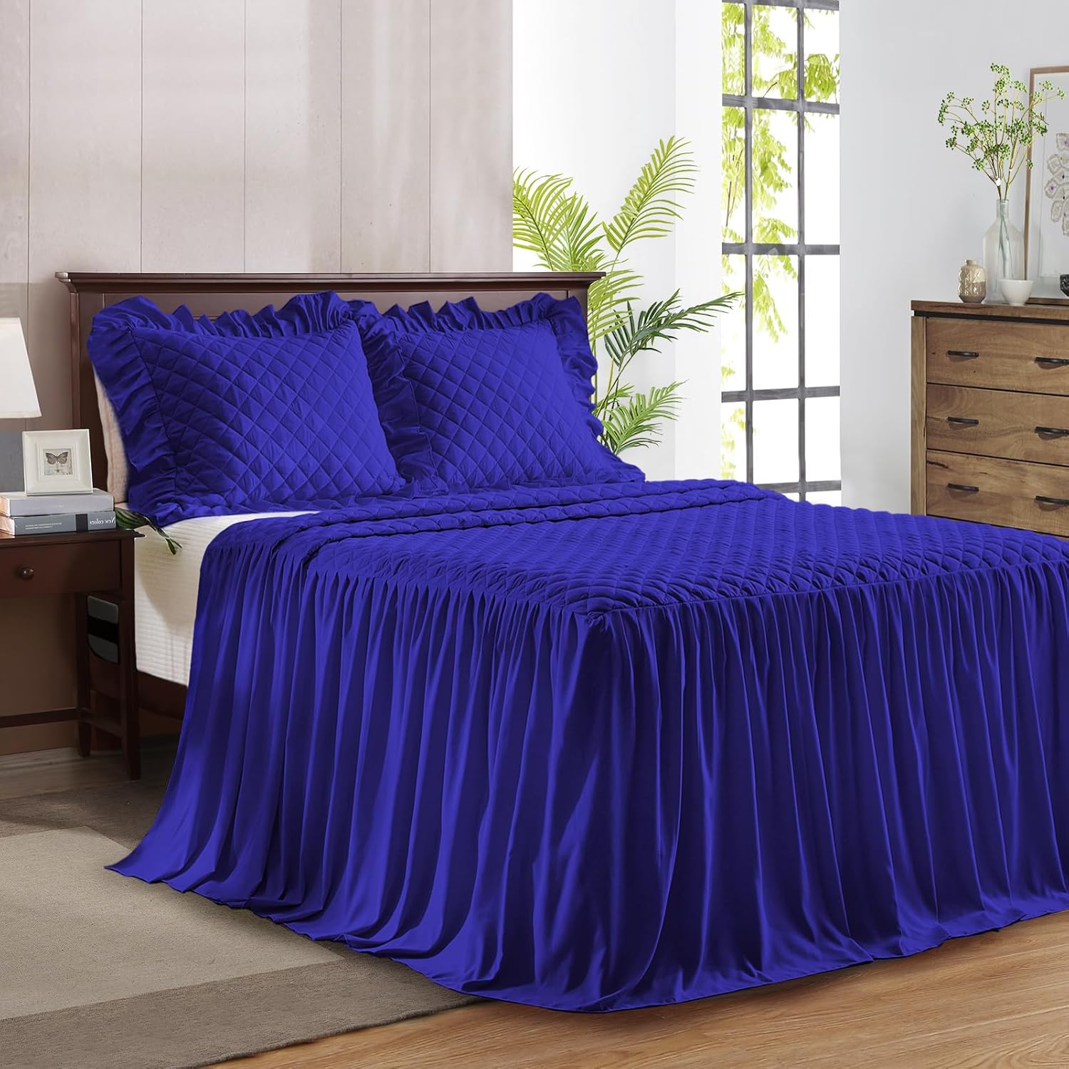 Ruffle Skirt Bedspread Set - 30" Long Drop - Vintage Chic Ruffled Summer Coverlet Bed Spreads Quilt Boho Bedding Farmhouse Style Lightweight Luxurious Rustic 2 Piece Set Twin Size Black