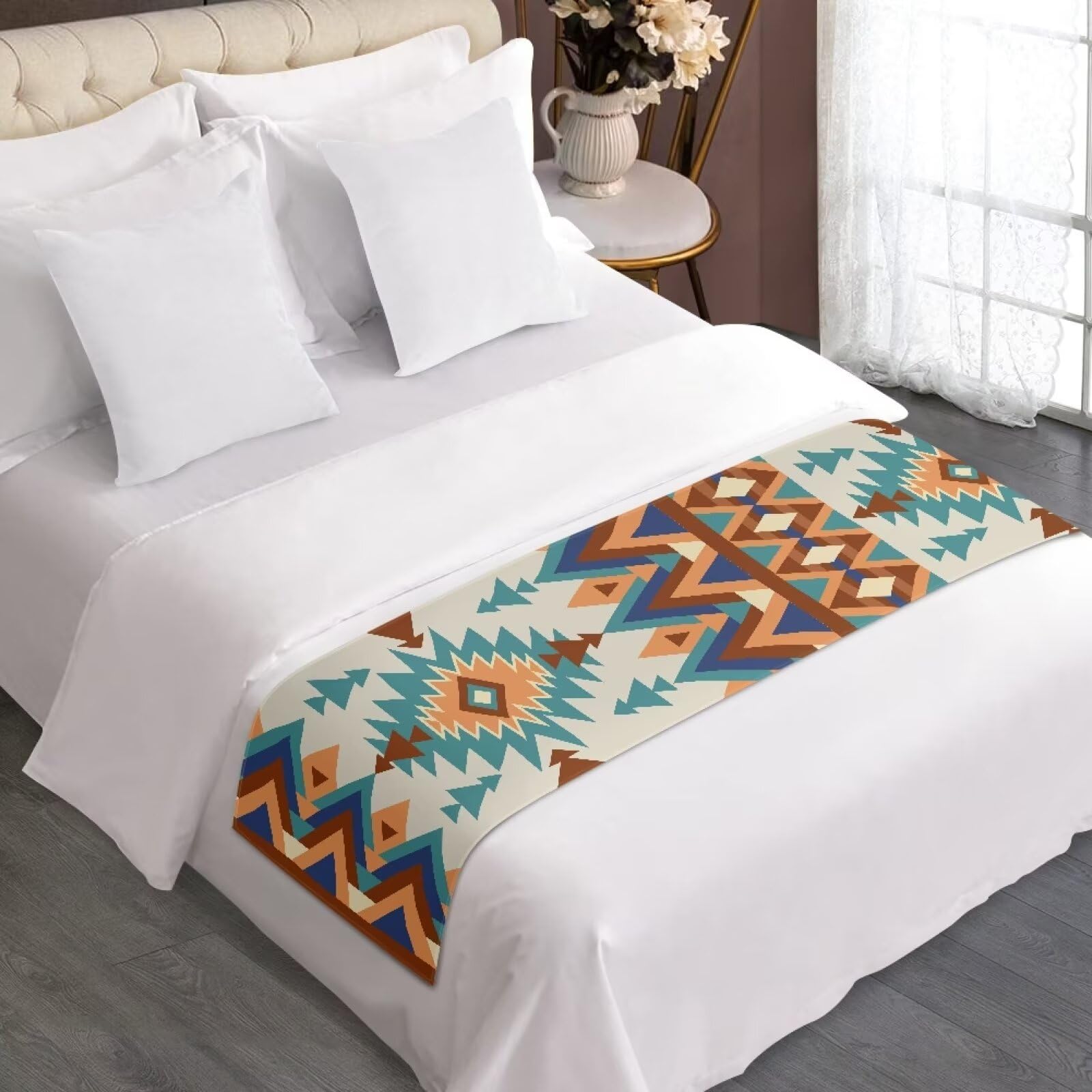 Dreaweet Southwestern Pattern Bed Runner,Aztec Tribal Geometry Pattern Brown Bed Scarf for Foot of Bed Queen Size,Decorative Accent Bedding Scarf for Hotels Homes and Guestrooms