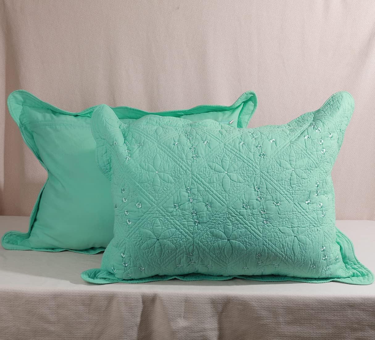 Solid Color 100% Cotton Quilted Pillow Shams Set of 2 Floral Embroidery Bed Pillow Shams Soft Pillow Covers Queen Size (Green A,20"x28")