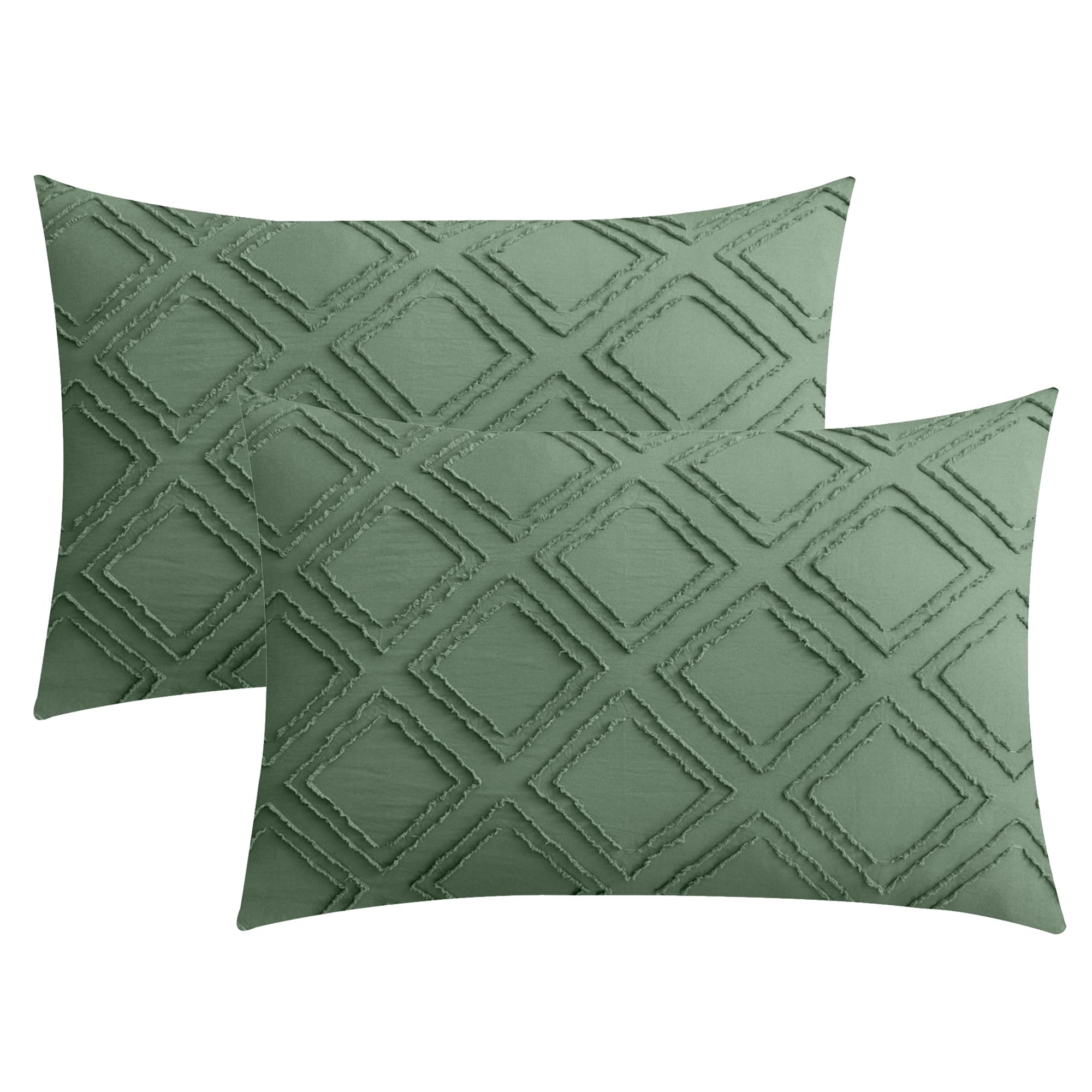 JELLYMONI Pillowcases Standard Size Green 2 Pack Boho Plaid Bed Pillow Covers 20x26in Polyester Envelope Pillow Shams Tufted Bohemian Textured (Pillows are not Included)