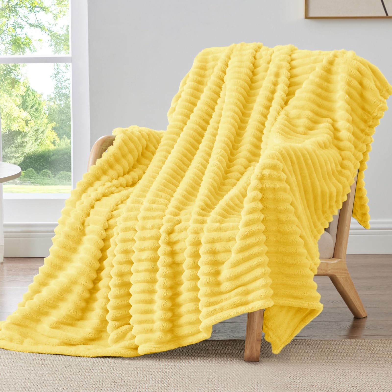 BEDELITE Fleece Throw Blanket for Couch - 300GSM Soft & Warm Fluffy Cream White Blanket, Decorative and Giftable Striped Blankets for Women, Men, 50"x60"