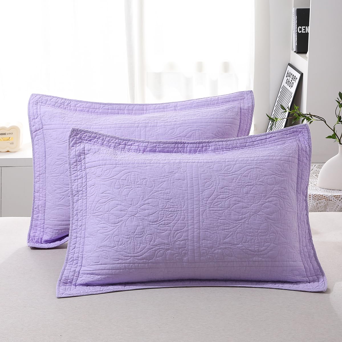 WINLIFE 100% Cotton Quilted Pillow Sham Floral Printed Pillow Cover (Standard, Dusty Pink)