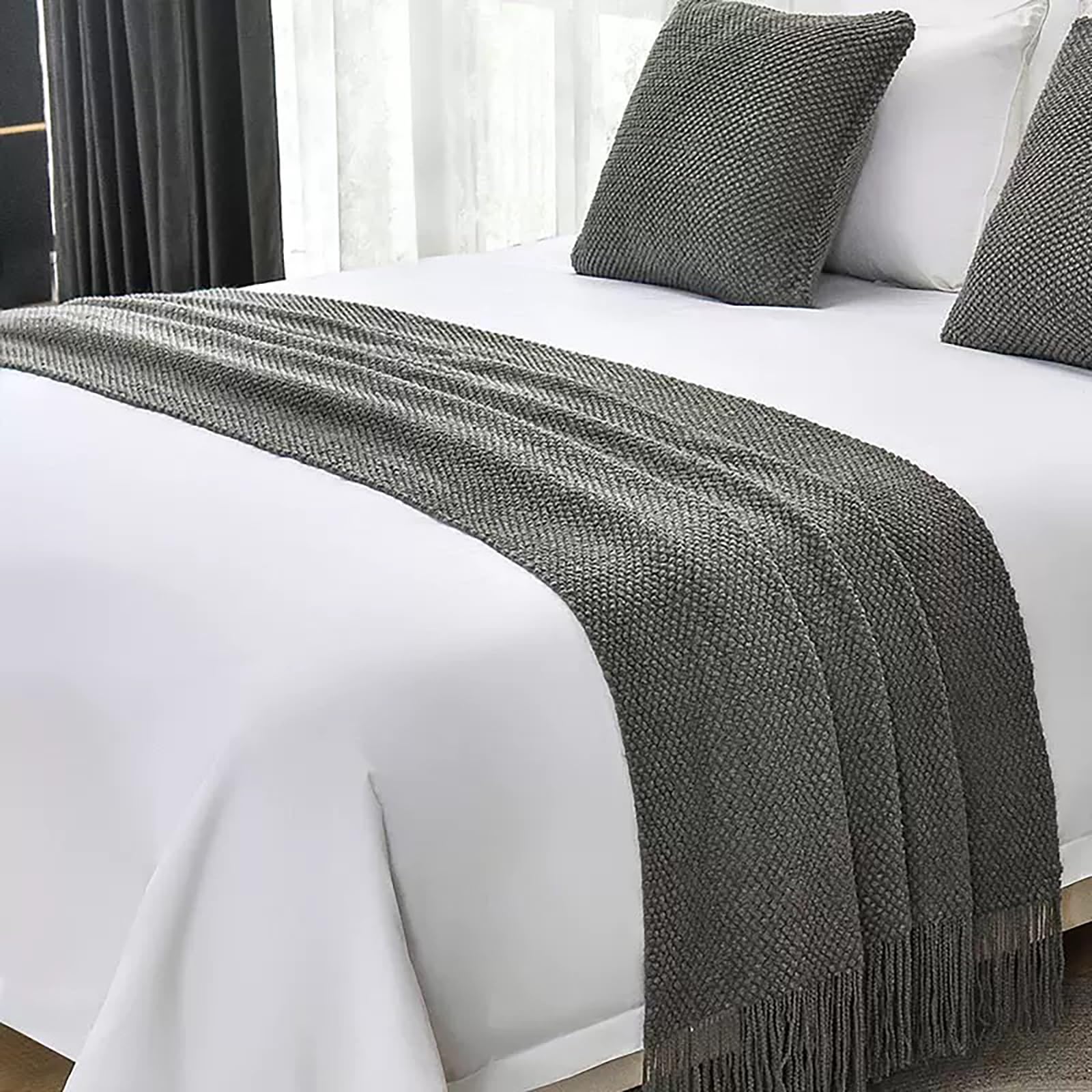 Geometry Bed Runners for King & Queen Size Bed Solid Beige Bed Scarf with Tassel Boho Knit Bed Runner Scarves Decorative for Bedroom Home Hotel (102 x 24 Inches, 1 Piece)