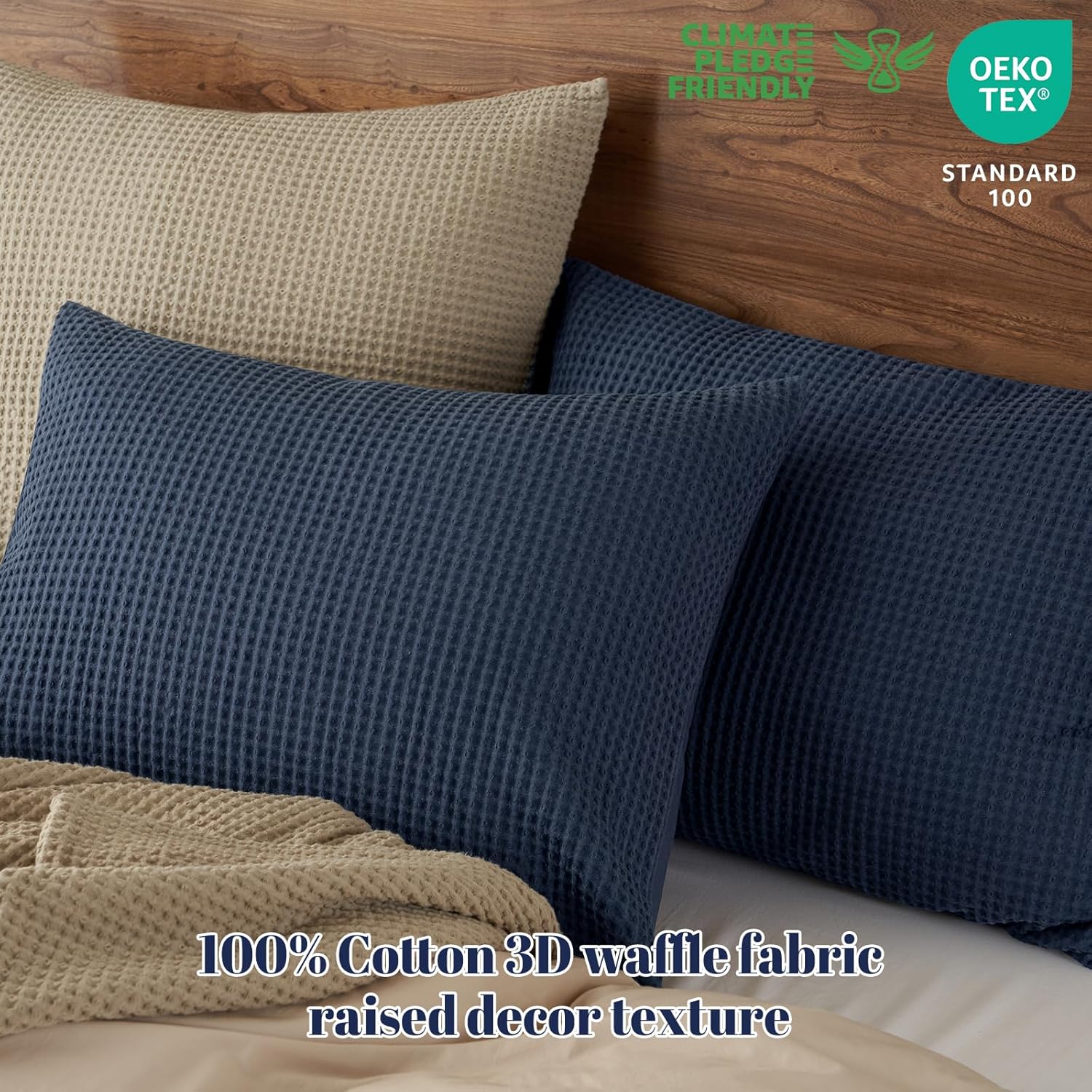 PHF 100% Cotton Waffle Pillow Shams Standard Size, 2 Pack 20" x 26" Soft Skin-Friendly and Breathable Pillowcases, No Filling, Aesthetic Woven Waffle Weave Pillow Covers for Bed, Dark Navy