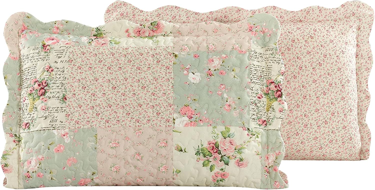 Brilliant Sunshine Traditional Rose and Sage Patchwork Pillowshams Set, Quilted Standard Pillowcases, 20x26 with 2" Flange, Scalloped Edge Pillow Covers, Pack of 2, Pink
