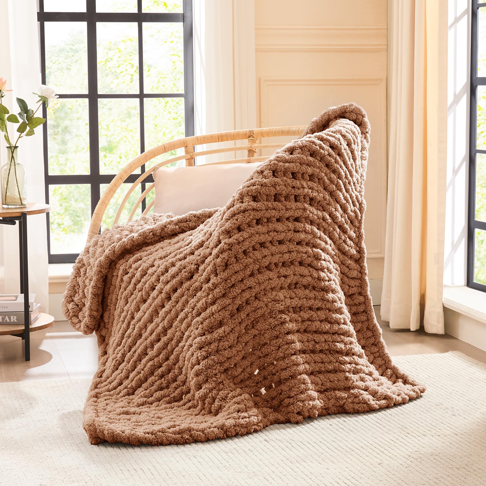 L'AGRATY Chunky Knit Blanket Throw,Soft Chenille Yarn Throw Blanket 50x60，Handmade Cable Knit Crochet Blanket,Large Knit Blankets Chunky Yarn,Rope Knot Throw Blanket for Couch Sofa Bed Home Decor