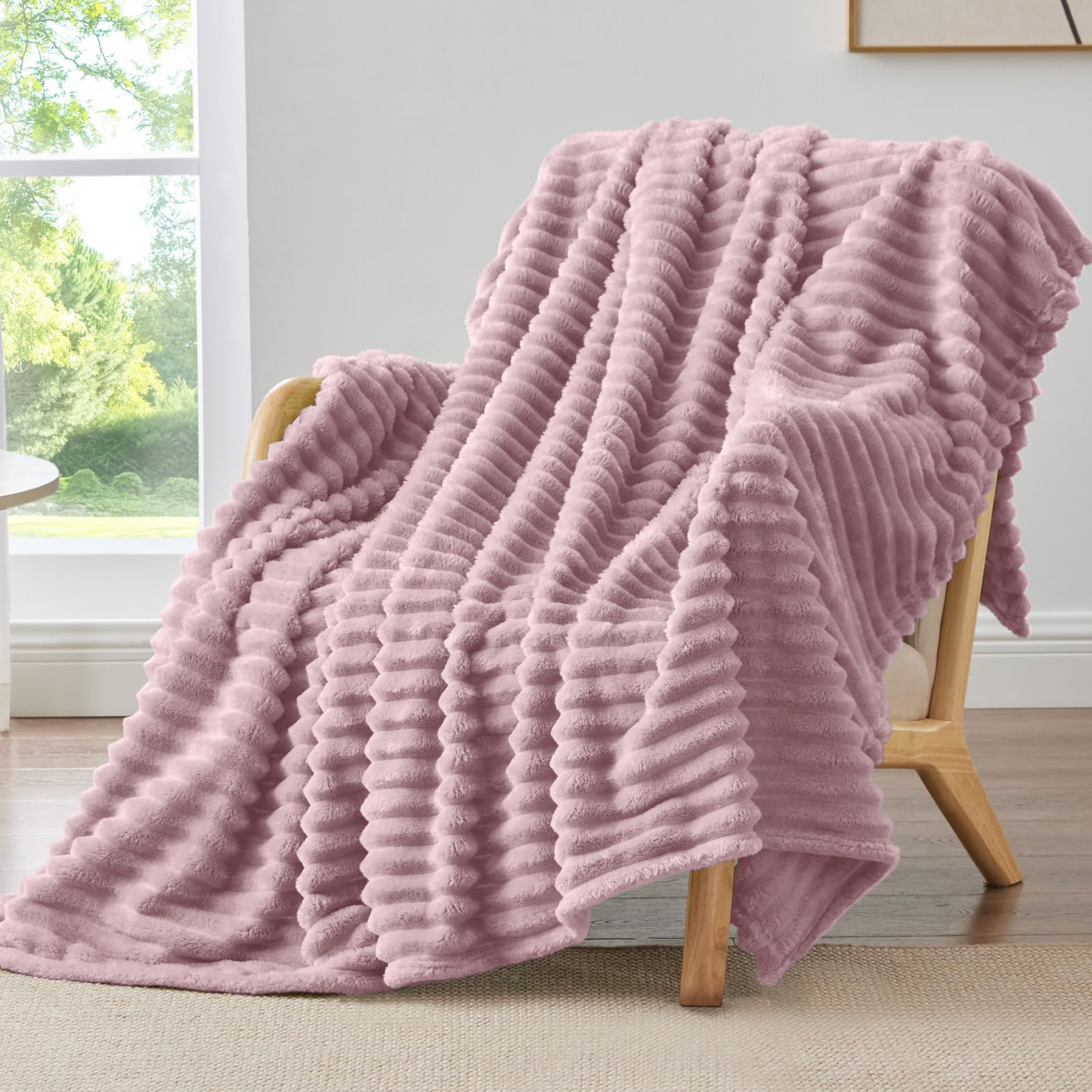 BEDELITE Fleece Throw Blanket for Couch - 300GSM Soft & Warm Fluffy Cream White Blanket, Decorative and Giftable Striped Blankets for Women, Men, 50"x60"