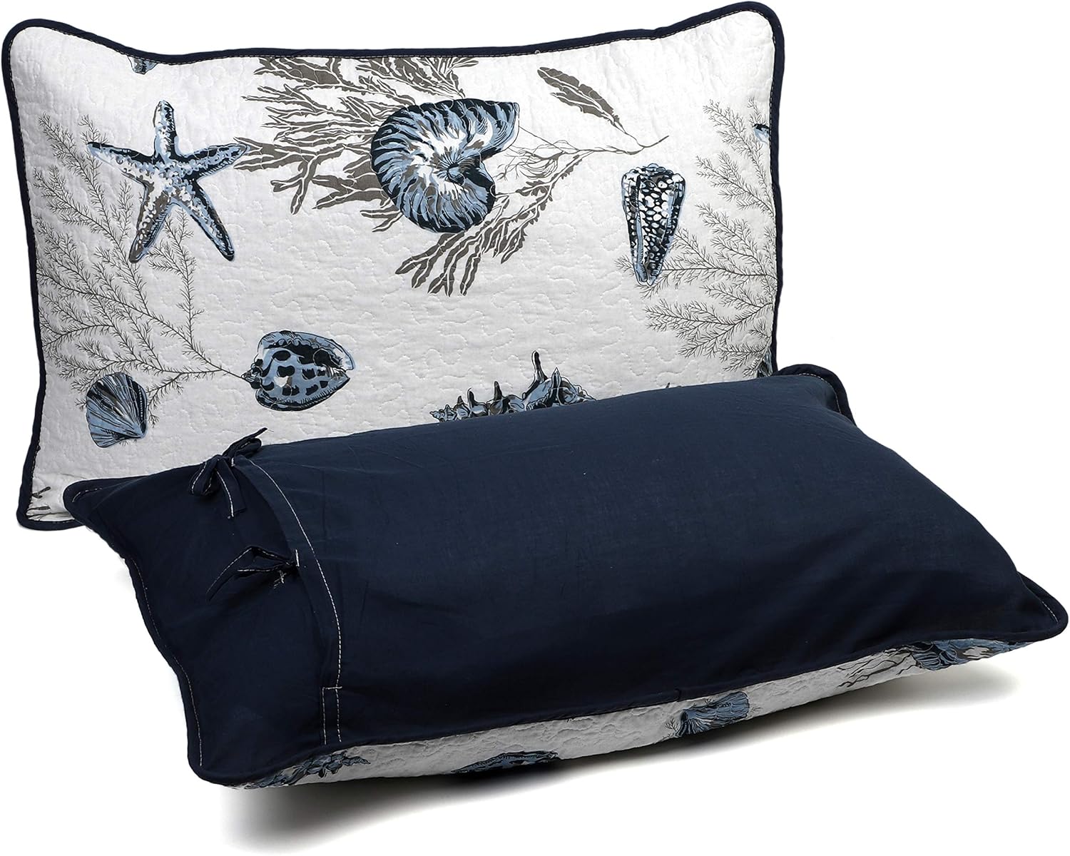 Cotton Quilted Pillow Cases Standard Size Set of 2, Queen Size Beach Themed Soft Comfy Pillow Shams, Pillow Covers with Tie Closure 20 x 27 inch (Cowry Starfish)