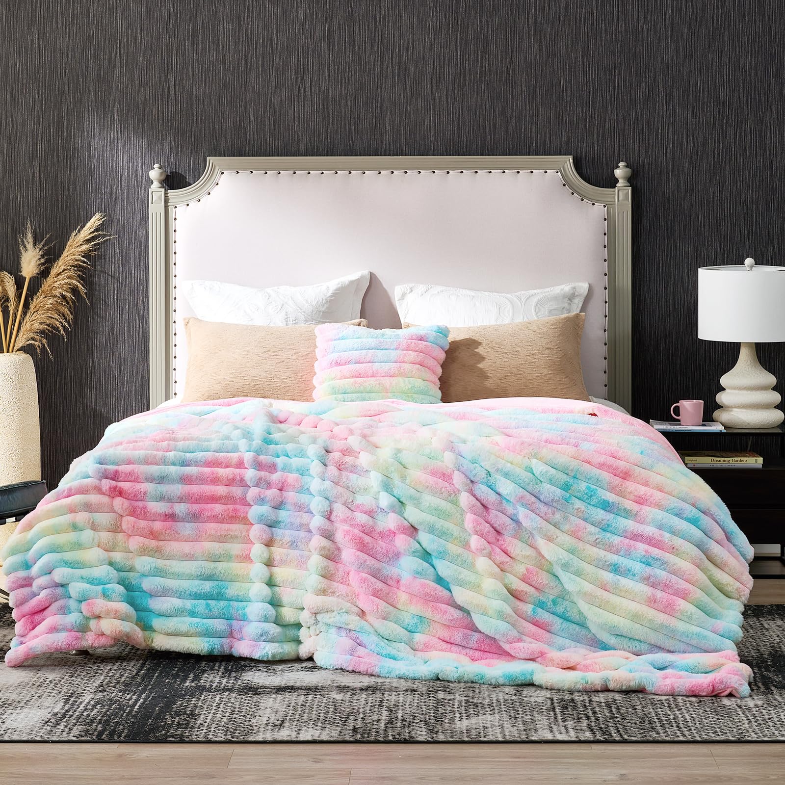 Cozy Bliss Faux Fur Throw Blanket for Couch, Cozy Warm Plush Striped Blanket for Sofa Bedroom Living Room, 50 * 60 Inches Hot Pink