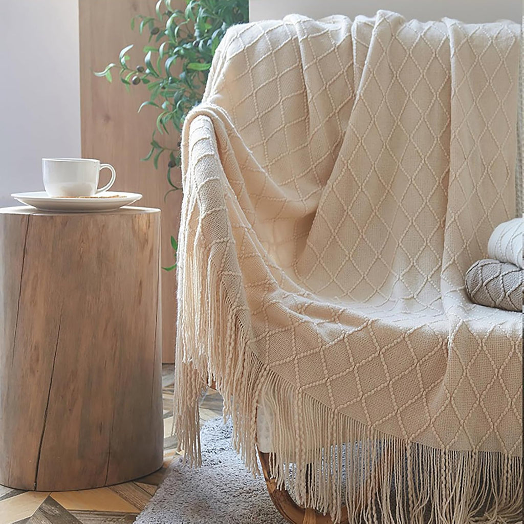 Geometry Bed Runners for King & Queen Size Bed Solid Beige Bed Scarf with Tassel Boho Knit Bed Runner Scarves Decorative for Bedroom Home Hotel (102 x 24 Inches, 1 Piece)