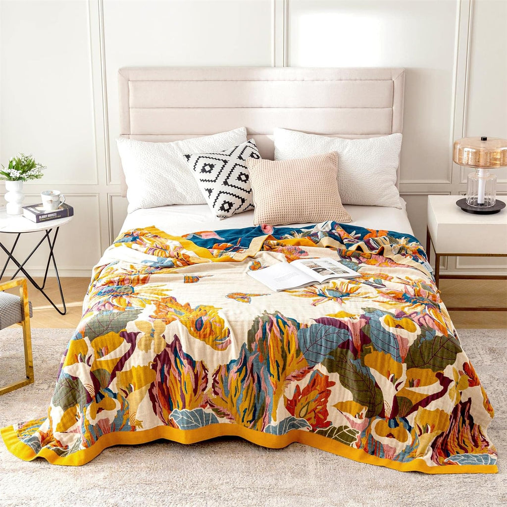 MSGKV Boho Throw Blanket 60''x80'',100% Cotton Blanket for Couch Bed, Summer Breathable Quilt Farmhouse Home Decor Soft Lightweight Picnic Blankets
