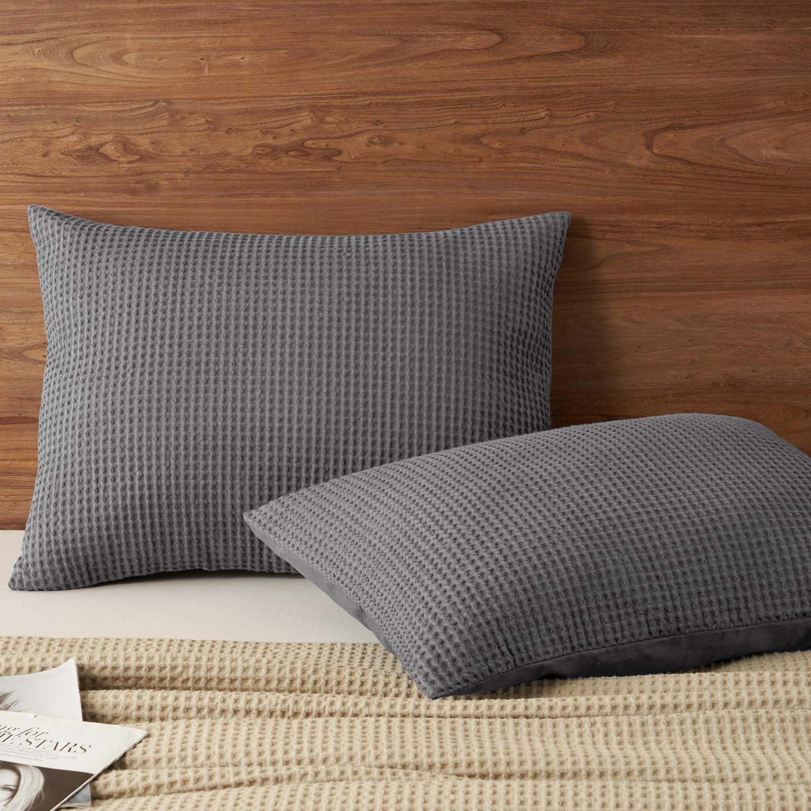 PHF 100% Cotton Waffle Pillow Shams Standard Size, 2 Pack 20" x 26" Soft Skin-Friendly and Breathable Pillowcases, No Filling, Aesthetic Woven Waffle Weave Pillow Covers for Bed, Dark Navy