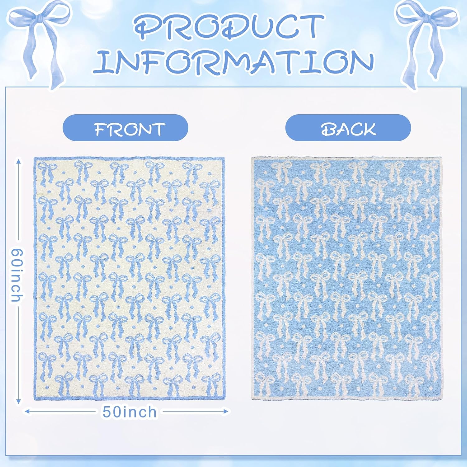 Buryeah Blue Bow Blanket Soft Microfiber Double Sided Bow Throw Blanket 50"x 60" Coquette Aesthetic Plush Bedding Stuff Sofa Chair Dormitory Room Decor for Women, Wedding Bridesmaid Gifts, Mother
