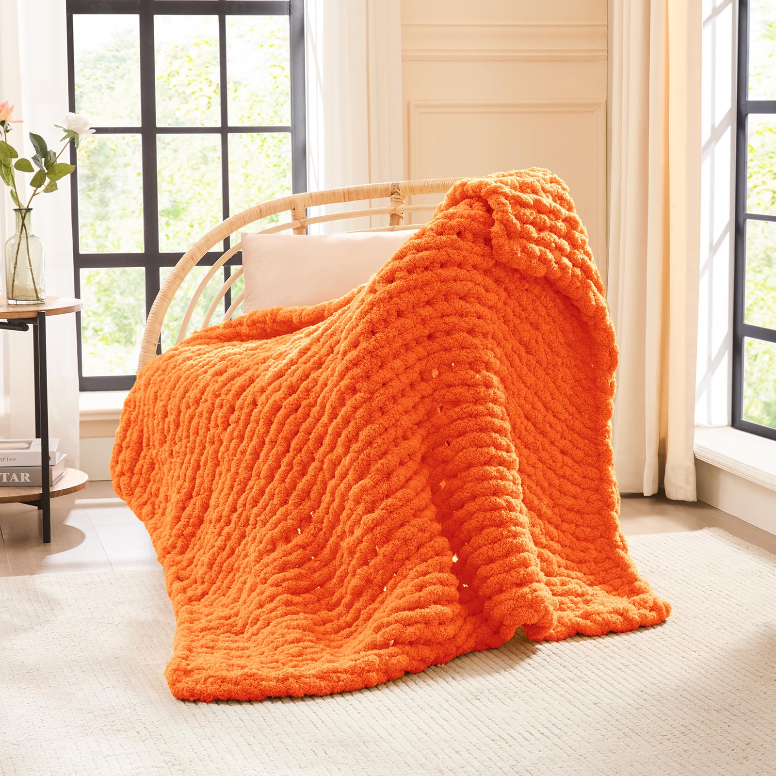 L'AGRATY Chunky Knit Blanket Throw,Soft Chenille Yarn Throw Blanket 50x60，Handmade Cable Knit Crochet Blanket,Large Knit Blankets Chunky Yarn,Rope Knot Throw Blanket for Couch Sofa Bed Home Decor