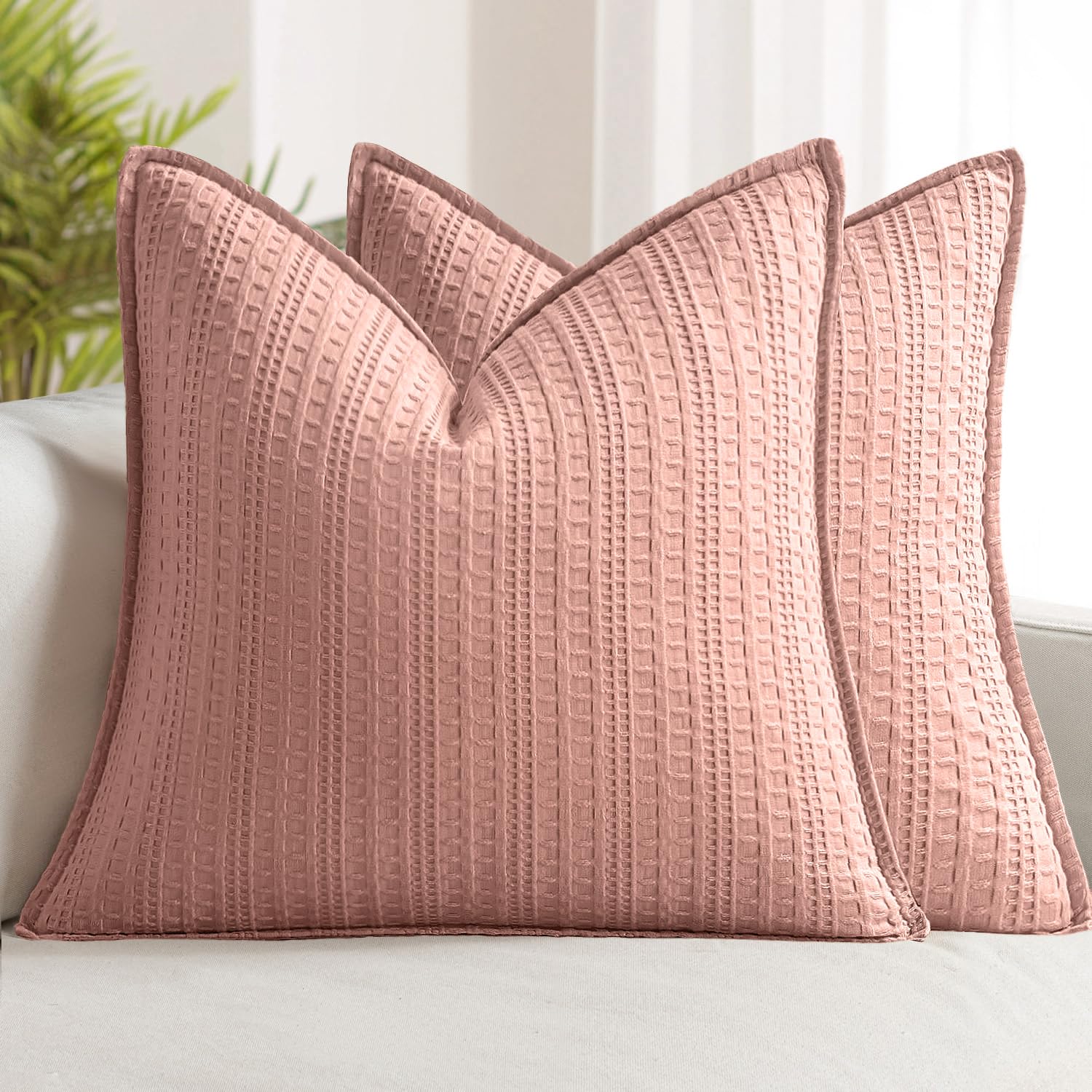 100% Cotton Waffle Pillow Shams Standard Size, 2 Pack 20x26 Decorative Pillow Covers for Bed Couch Sofa, Neutral Weave Cushion Cases Modern Farmhouse Home Decor, Oatmeal
